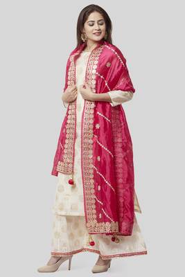 off white Gold Foil Printed Kurti with Foil Printed Kalidaar Palazzo and Pink Embroidered Dupatta 2
