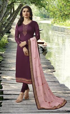 Wine Embroidered Satin Semi-Stitched Salwar With Dupatta 1