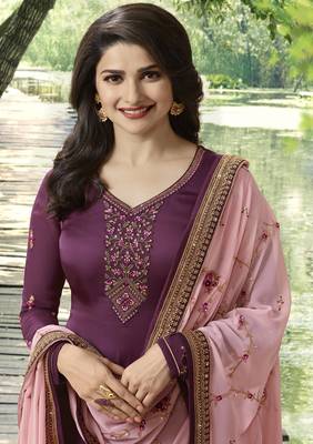 Wine Embroidered Satin Semi-Stitched Salwar With Dupatta 2