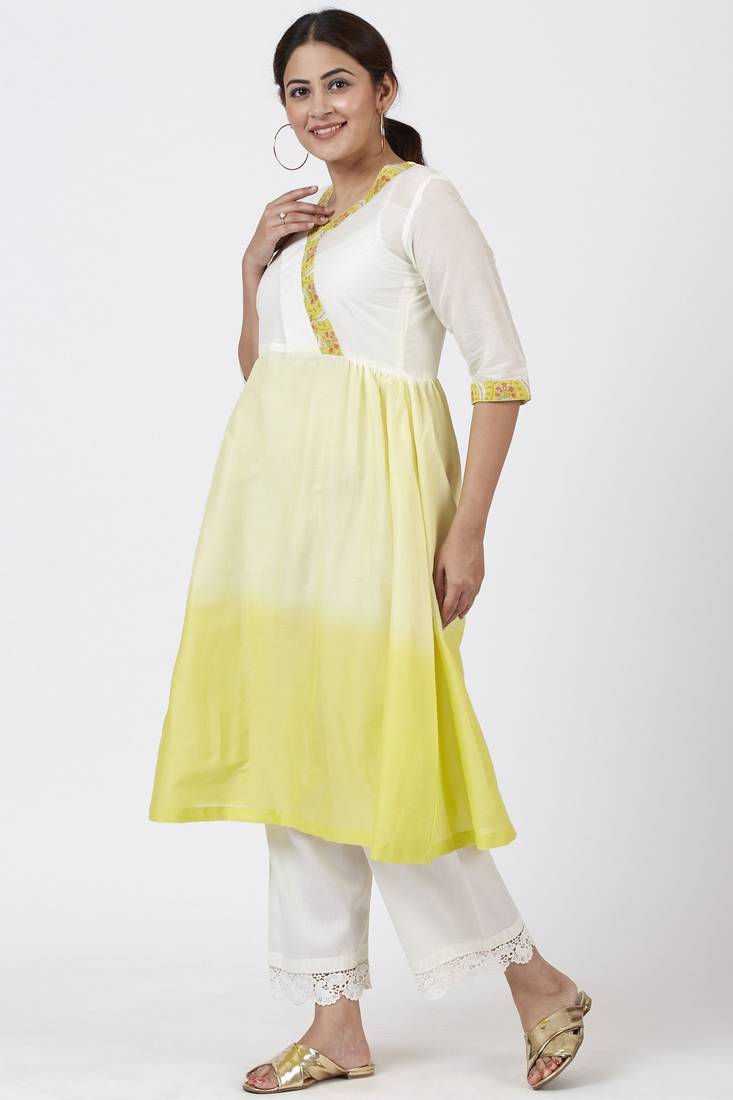 Ombre Yellow Gathered Kurti with Crochet Pants