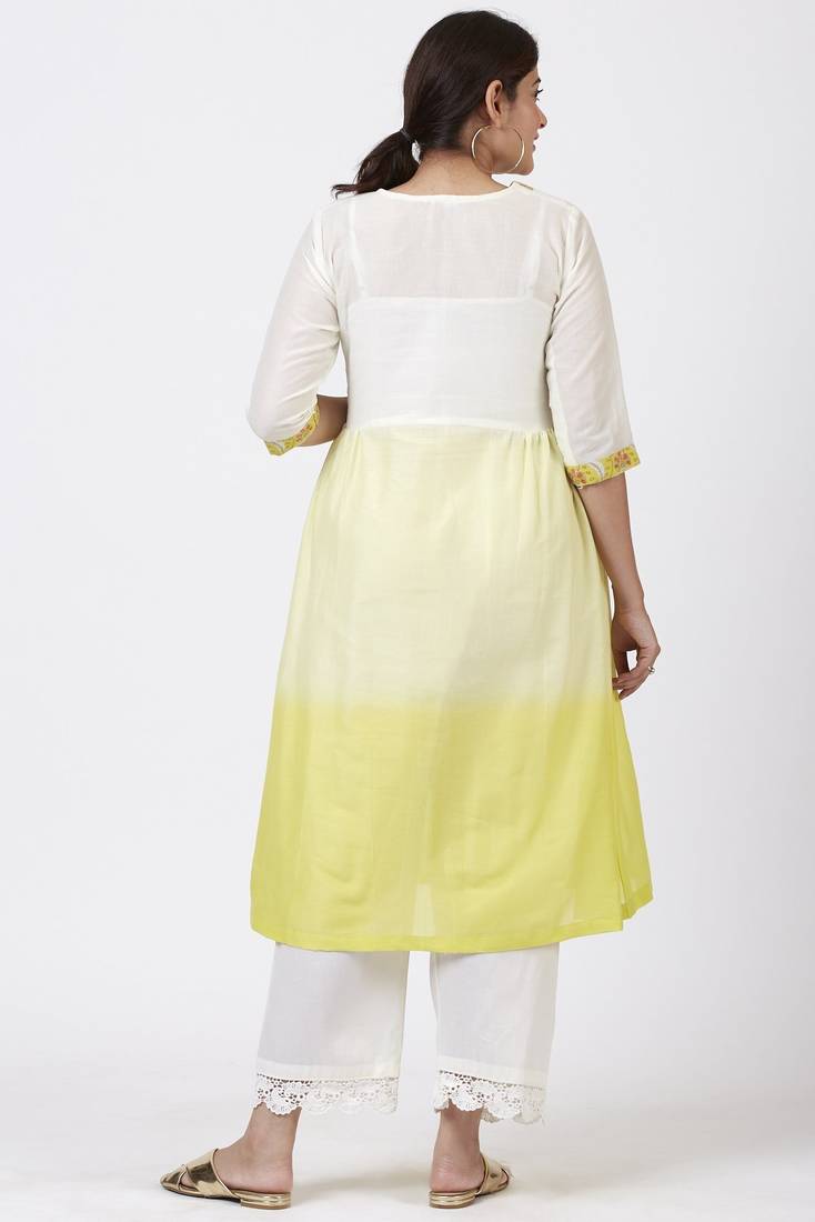 Ombre Yellow Gathered Kurti with Crochet Pants
