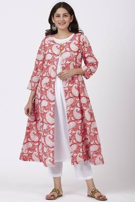 Red Paisley Cape Kurti with Straight Pants 1
