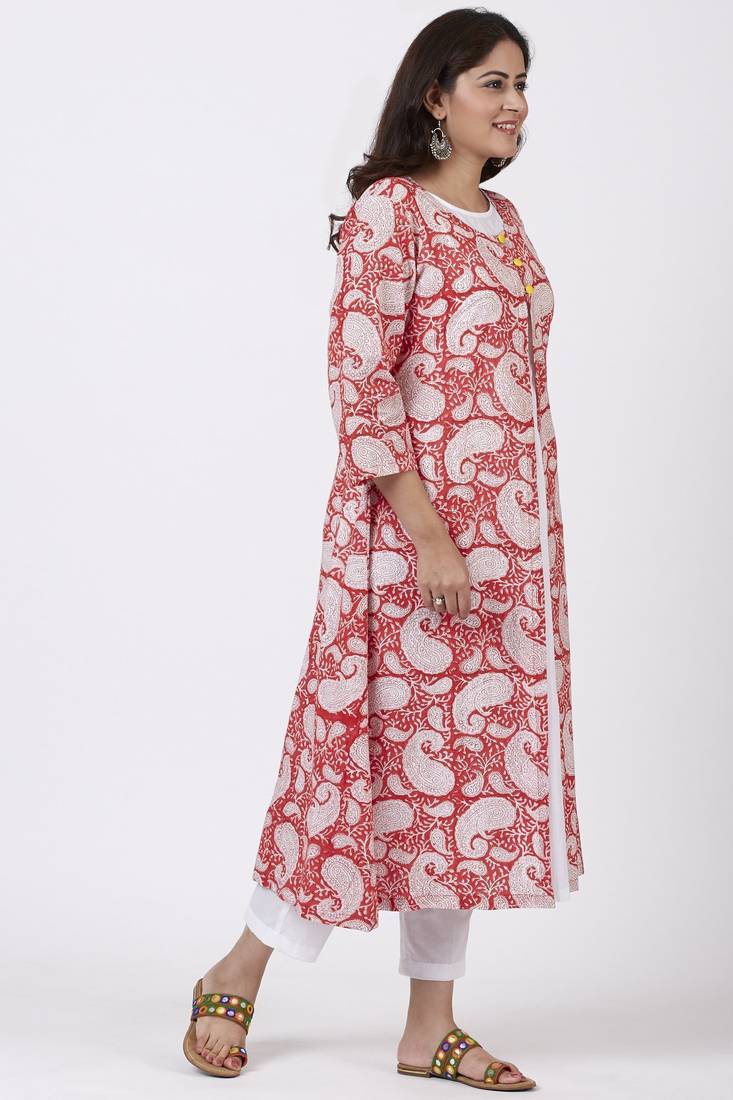 Red Paisley Cape Kurti with Straight Pants