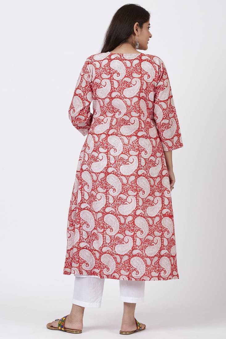 Red Paisley Cape Kurti with Straight Pants