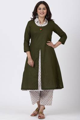 Mehendi Green Collared Printed Kurti with Straight Pants 1