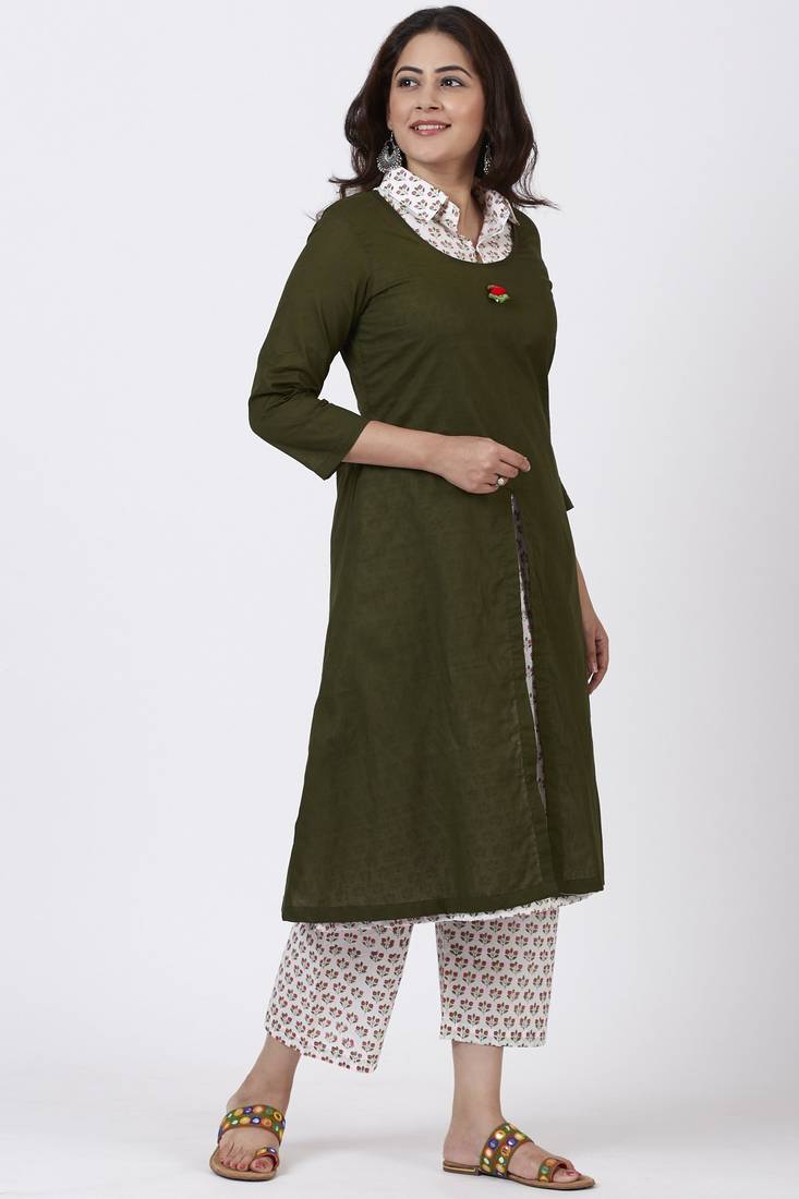 Mehendi Green Collared Printed Kurti with Straight Pants
