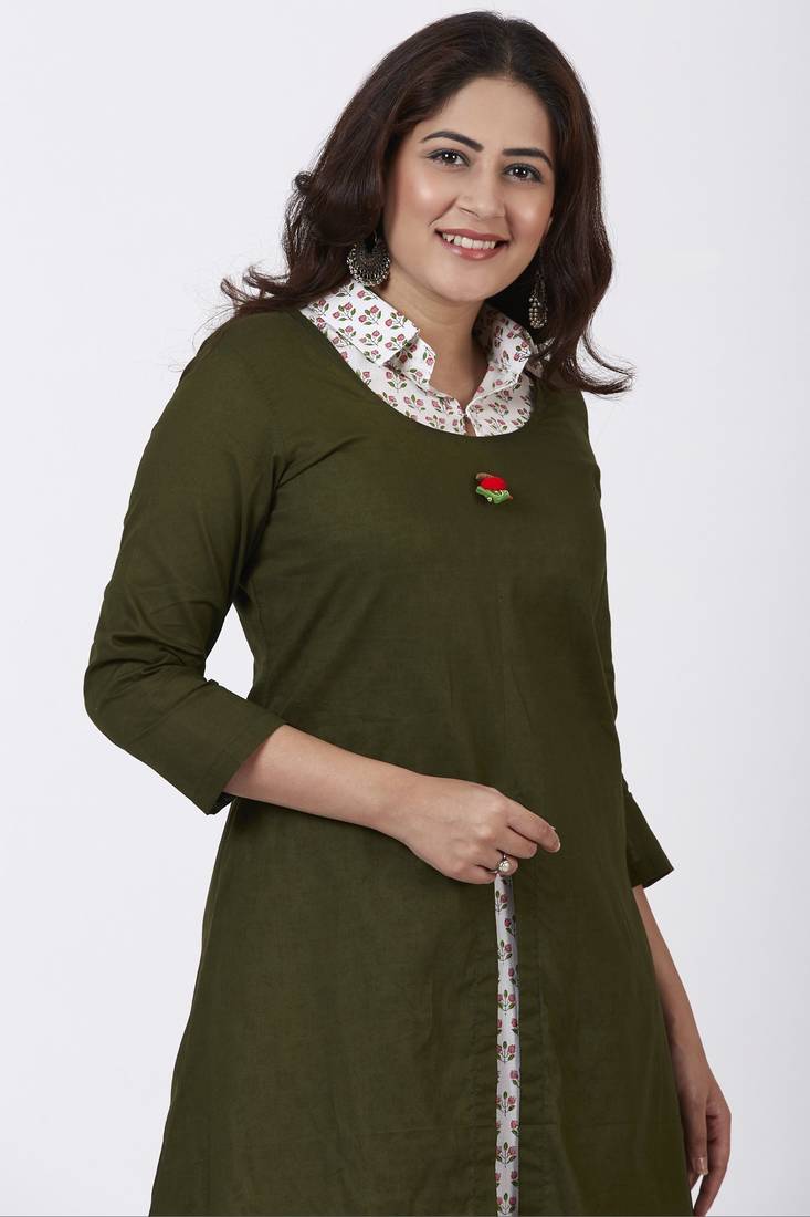Mehendi Green Collared Printed Kurti with Straight Pants