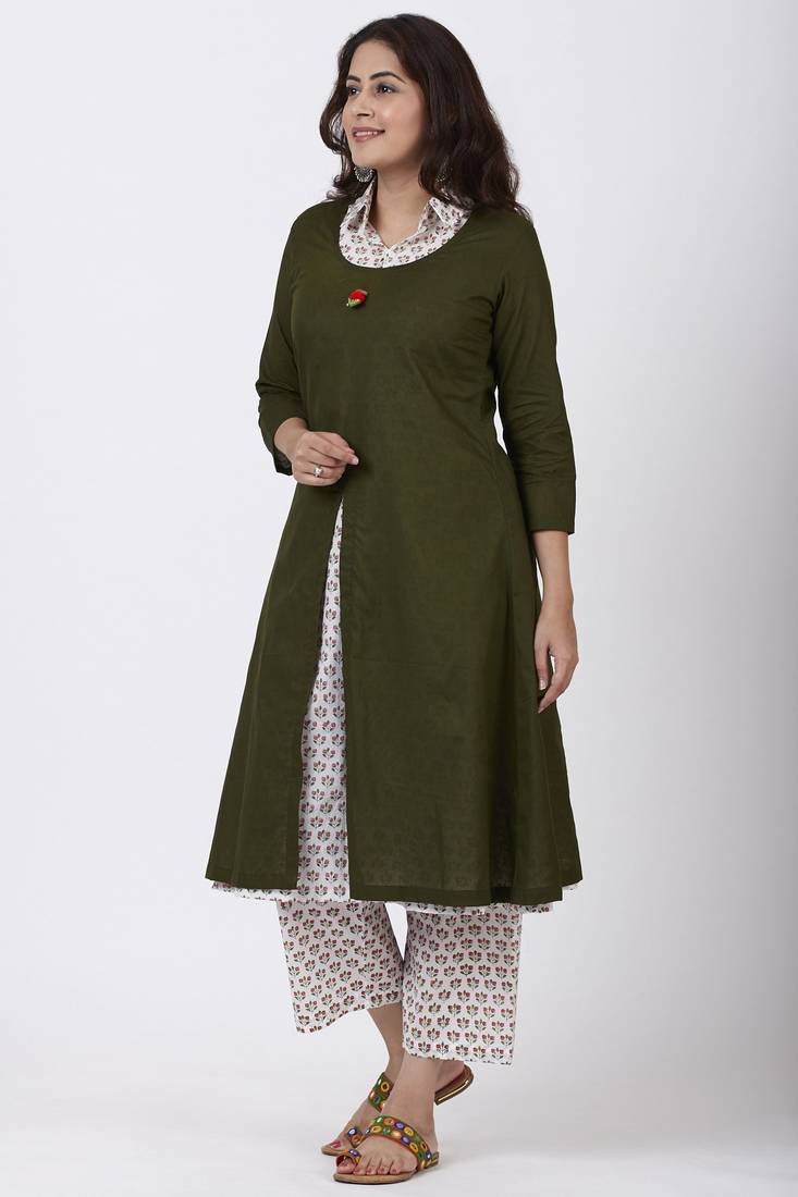 Mehendi Green Collared Printed Kurti with Straight Pants