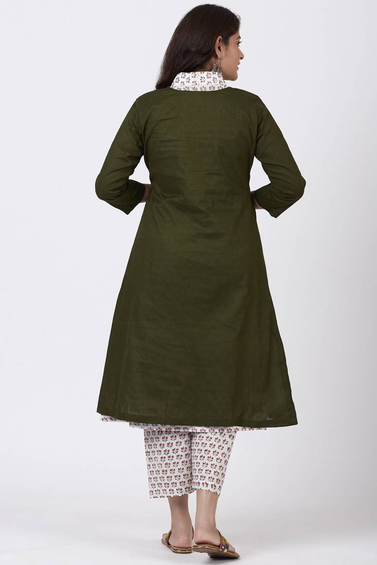Mehendi Green Collared Printed Kurti with Straight Pants