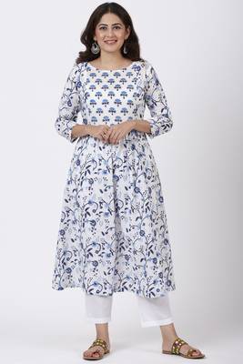 Blue Fiza Floral Printed Gathered Kurti with Straight Pants 1