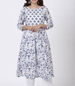 Blue Fiza Floral Printed Gathered Kurti with Straight Pants