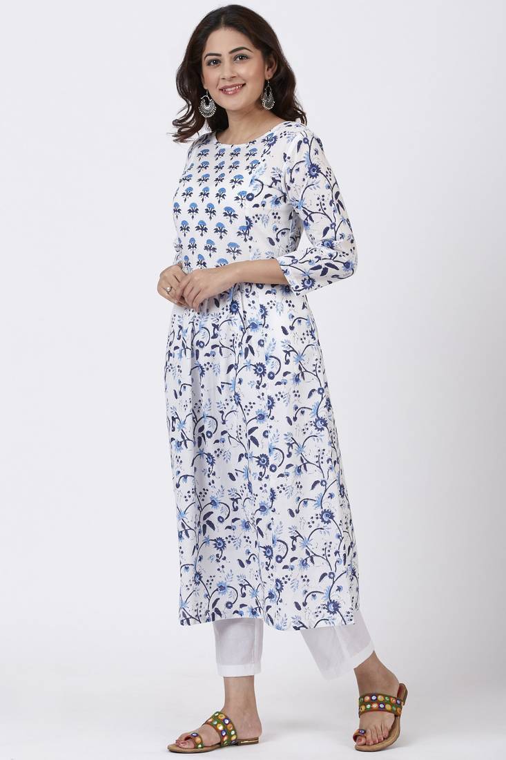 Blue Fiza Floral Printed Gathered Kurti with Straight Pants