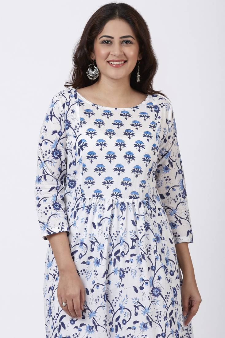 Blue Fiza Floral Printed Gathered Kurti with Straight Pants