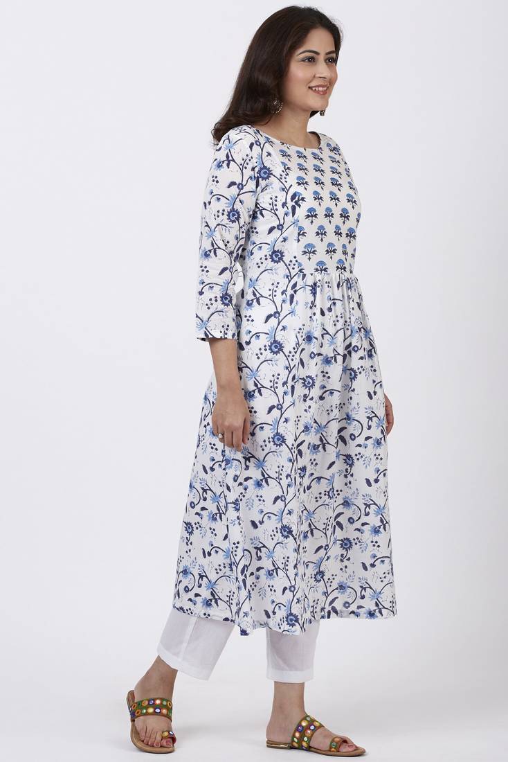 Blue Fiza Floral Printed Gathered Kurti with Straight Pants