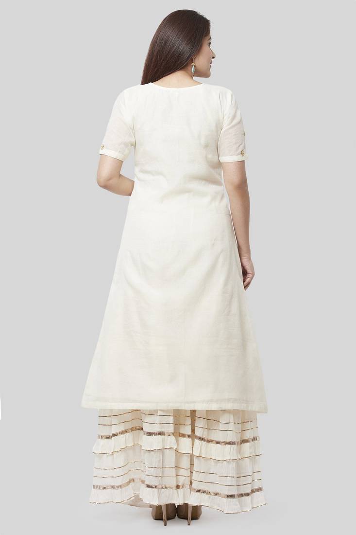 Blue Fiza Floral Printed Gathered Kurti with Straight Pants