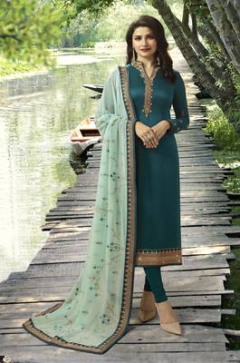 Turquoise Embroidered Satin Semi-Stitched Salwar With Dupatta 1