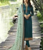 Turquoise Embroidered Satin Semi-Stitched Salwar With Dupatta