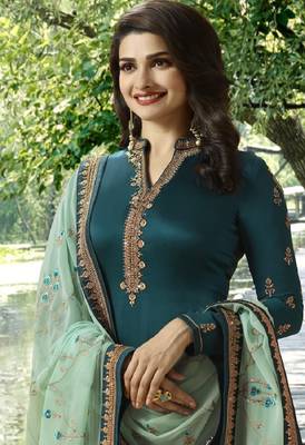 Turquoise Embroidered Satin Semi-Stitched Salwar With Dupatta 2