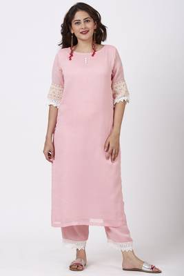 Blush Pink Georgette Crochet Straight Kurti with Straight Palazzo 1