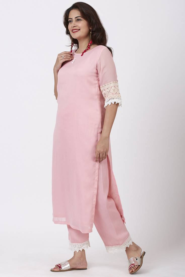 Blush Pink Georgette Crochet Straight Kurti with Straight Palazzo