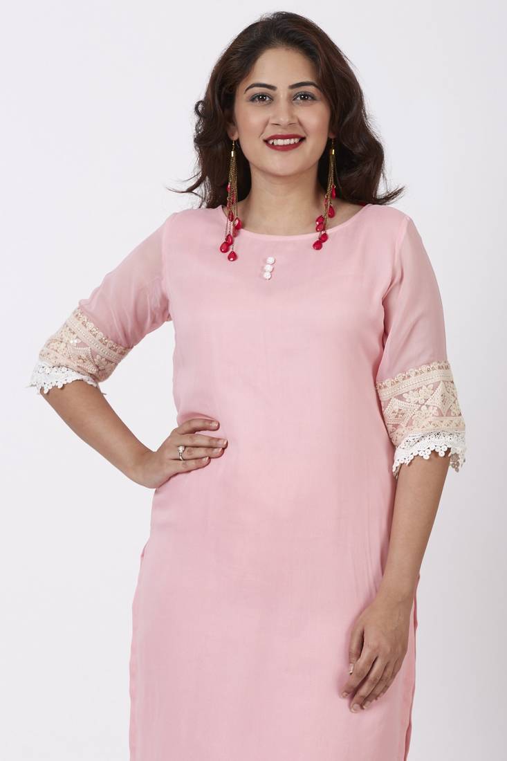 Blush Pink Georgette Crochet Straight Kurti with Straight Palazzo