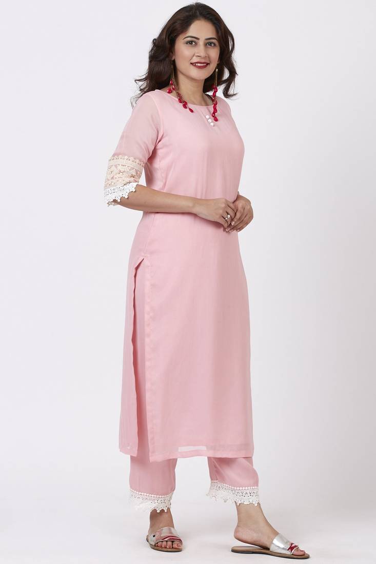 Blush Pink Georgette Crochet Straight Kurti with Straight Palazzo