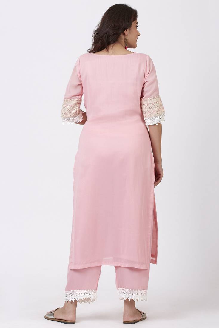 Blush Pink Georgette Crochet Straight Kurti with Straight Palazzo