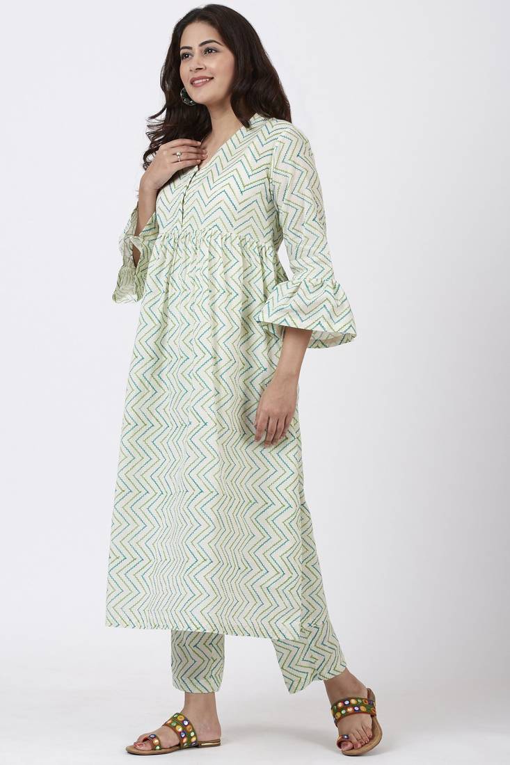 Green Gul Trails Gathered Kurti with Printed Straight Pants
