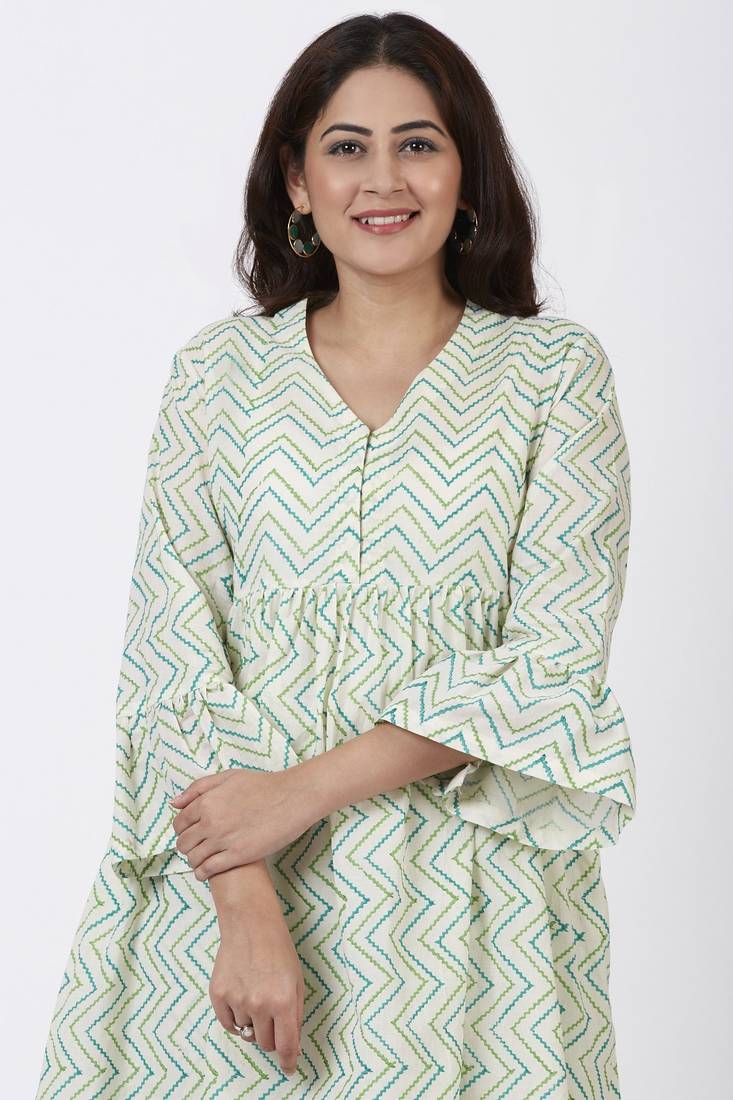 Green Gul Trails Gathered Kurti with Printed Straight Pants