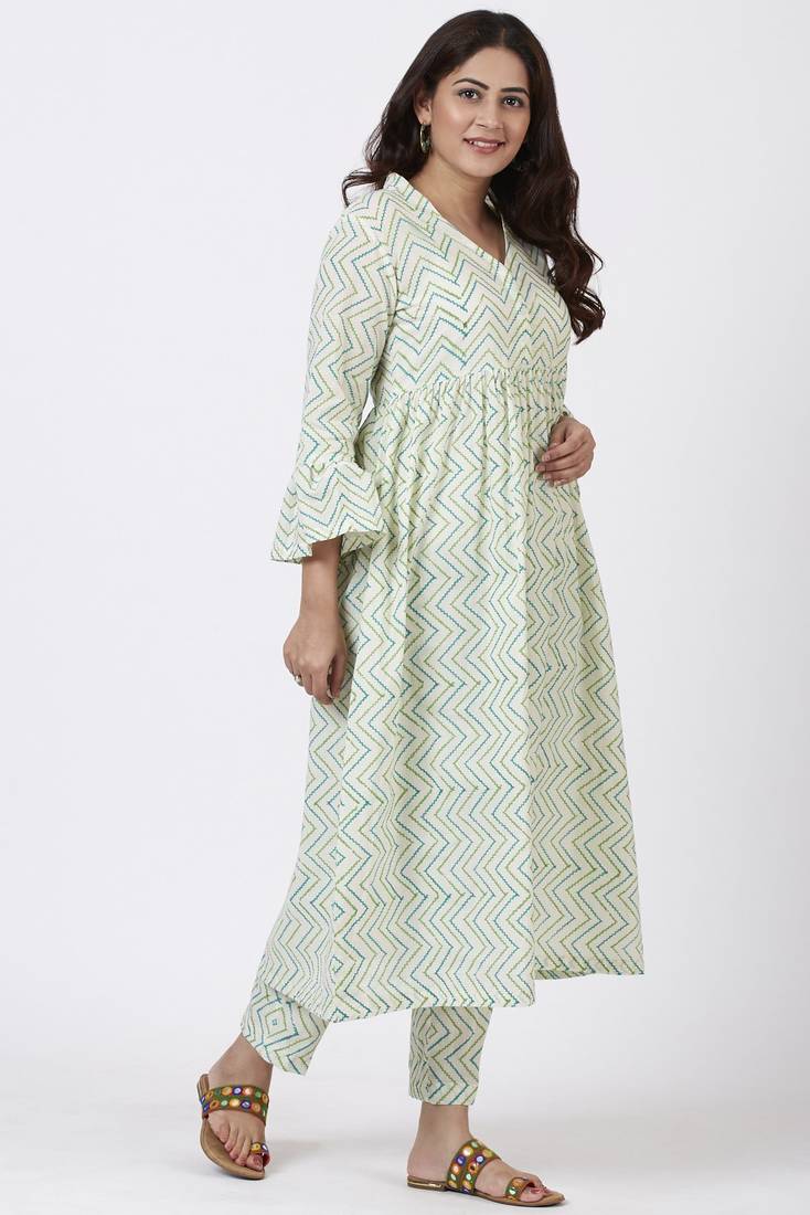 Green Gul Trails Gathered Kurti with Printed Straight Pants