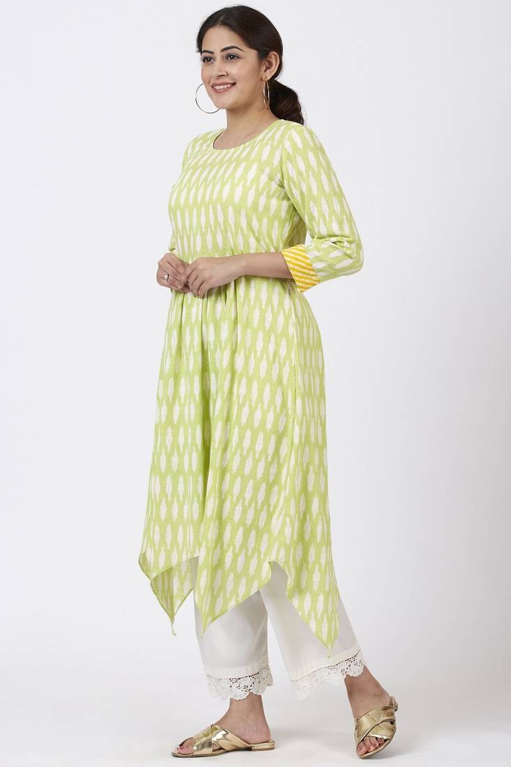 Lime Green Ikkat Printed Handkerchief Kurti with Crochet Pants
