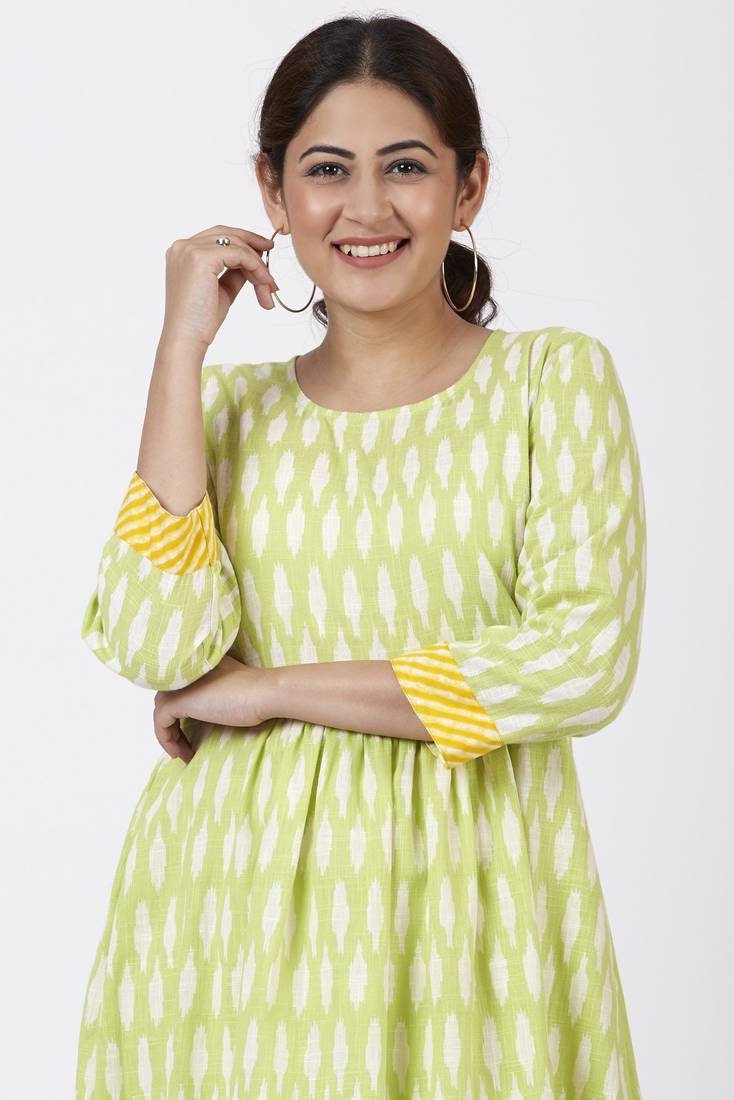 Lime Green Ikkat Printed Handkerchief Kurti with Crochet Pants