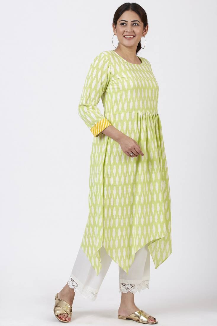 Lime Green Ikkat Printed Handkerchief Kurti with Crochet Pants