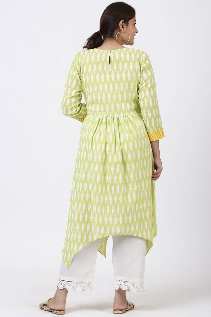 Lime Green Ikkat Printed Handkerchief Kurti with Crochet Pants