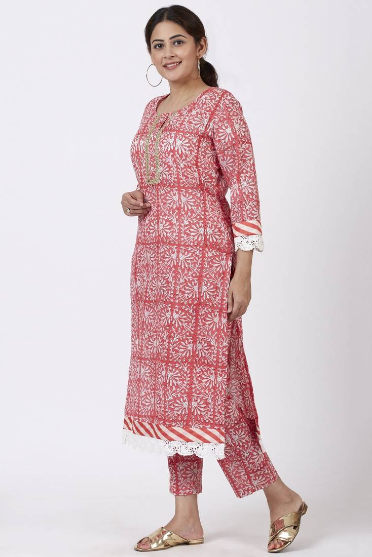 Raspberry Pink Floral Printed Kurti with Printed Pants