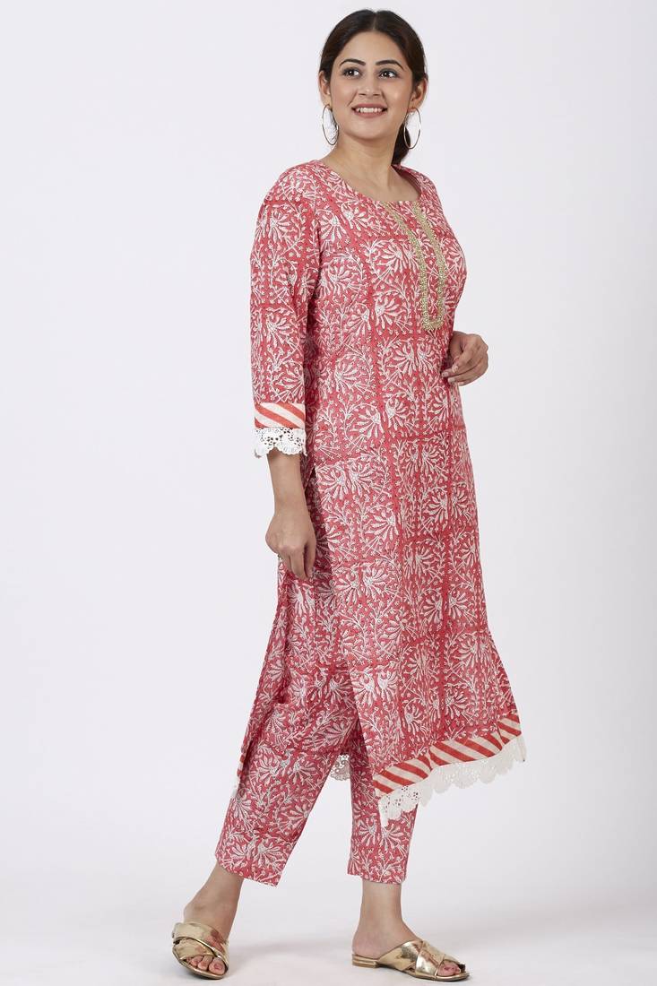 Raspberry Pink Floral Printed Kurti with Printed Pants