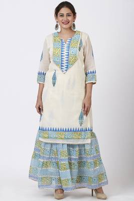 Festive Green Blue Block Printed Kurti with Gathered Sharara 1