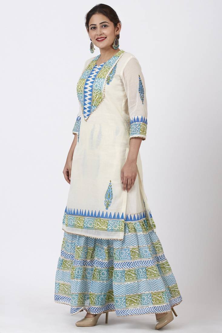Festive Green Blue Block Printed Kurti with Gathered Sharara