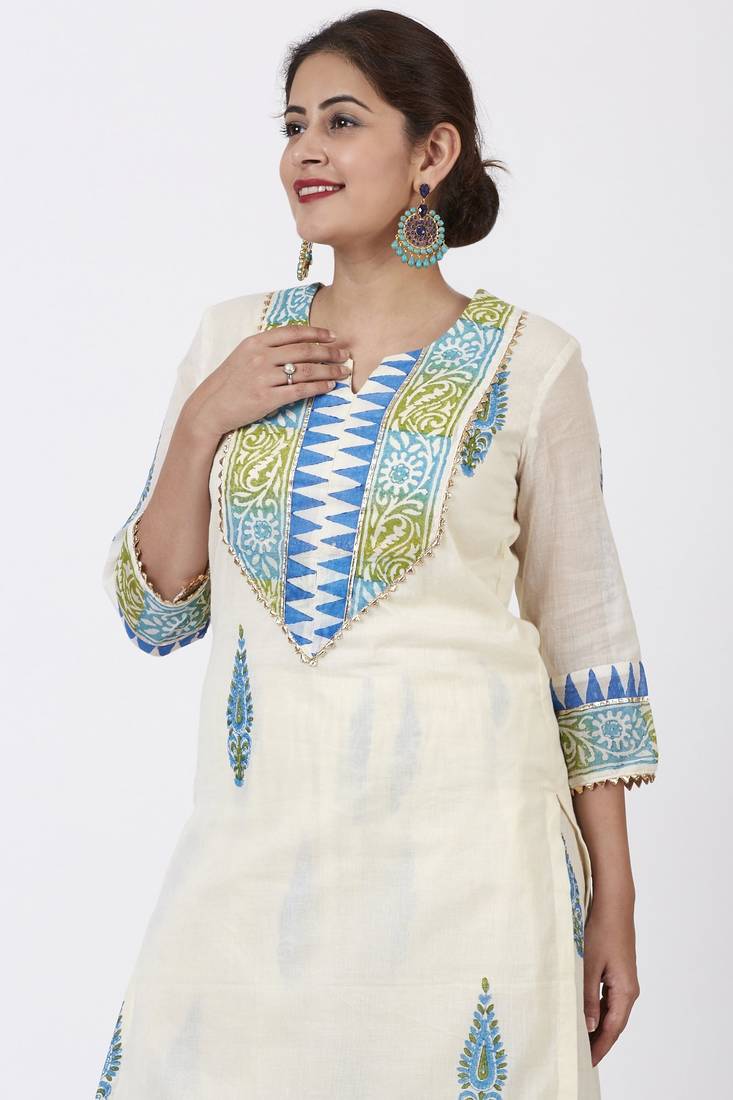 Festive Green Blue Block Printed Kurti with Gathered Sharara