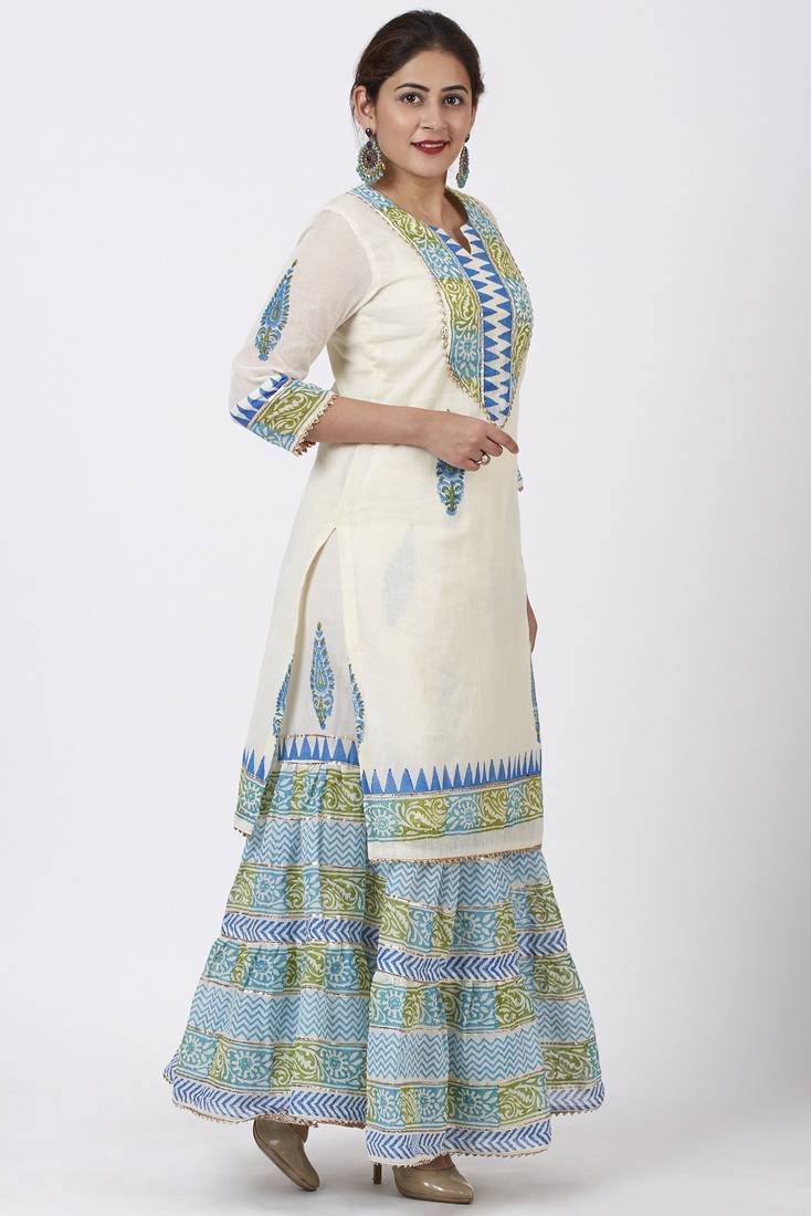 Festive Green Blue Block Printed Kurti with Gathered Sharara