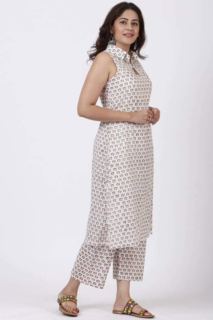 Pink Printed Floral Collared Kurti with Printed Straight Pants