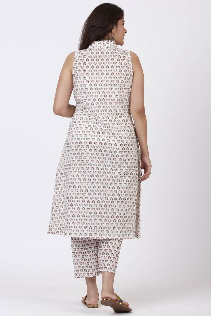 Pink Printed Floral Collared Kurti with Printed Straight Pants