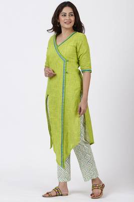 Smiling Green Asymmetrical Kurti with Printed Straight Pants 1