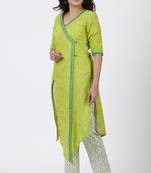Smiling Green Asymmetrical Kurti with Printed Straight Pants