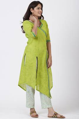 Smiling Green Asymmetrical Kurti with Printed Straight Pants 2