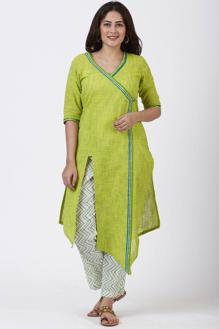 Smiling Green Asymmetrical Kurti with Printed Straight Pants