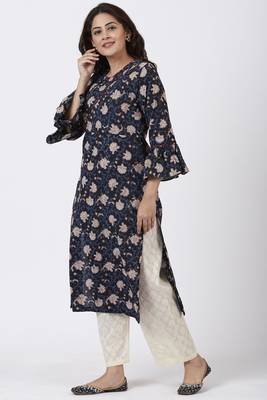 Hand Block Blue Floral Printed Ruffled Sleeve Kurti with Straight Palazzo 1