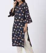 Hand Block Blue Floral Printed Ruffled Sleeve Kurti with Straight Palazzo