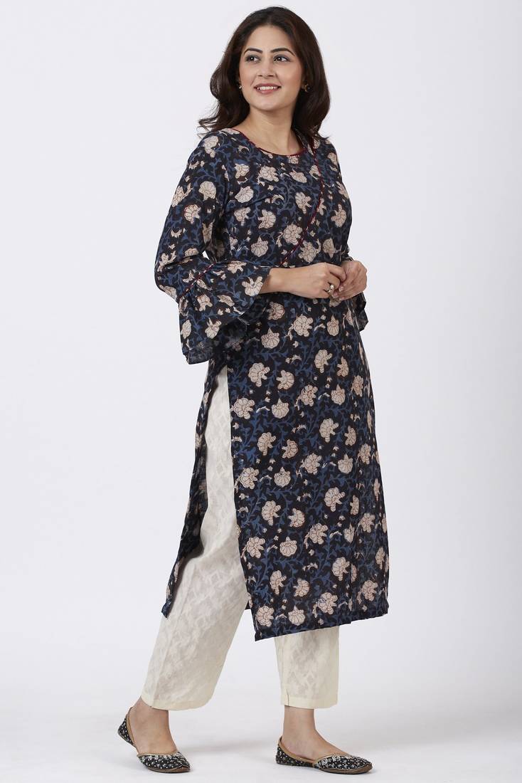 Hand Block Blue Floral Printed Ruffled Sleeve Kurti with Straight Palazzo