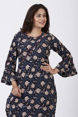 Hand Block Blue Floral Printed Ruffled Sleeve Kurti with Straight Palazzo 3